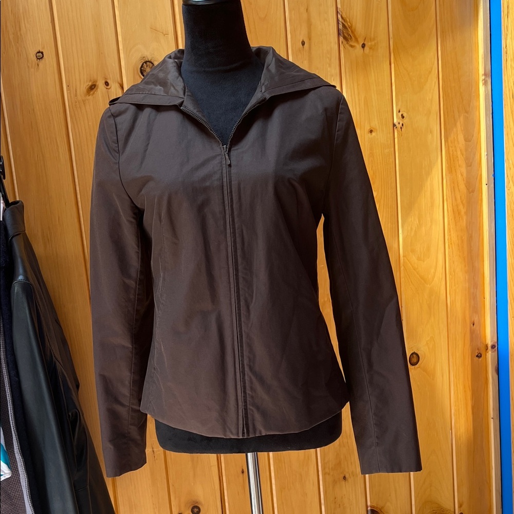 Brown Canvas‎ Jacket Ann Taylor zip up hooded lightweight neutral casual capsule